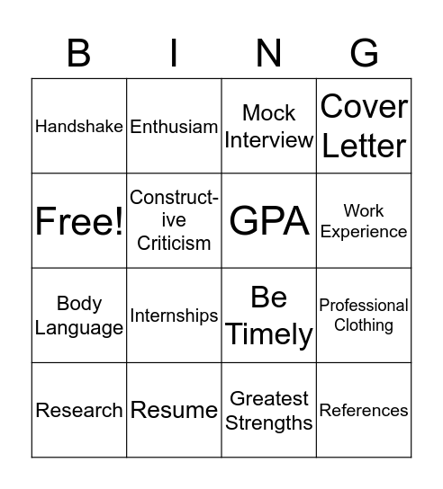 Career Prep Bingo Card
