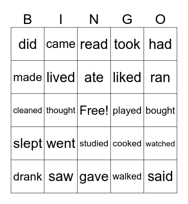 Past Verbs Bingo Card