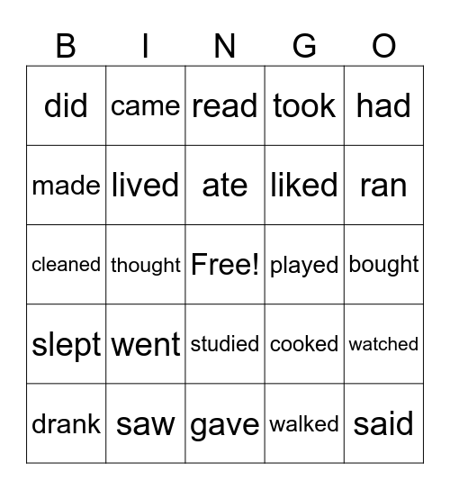 Past Verbs Bingo Card