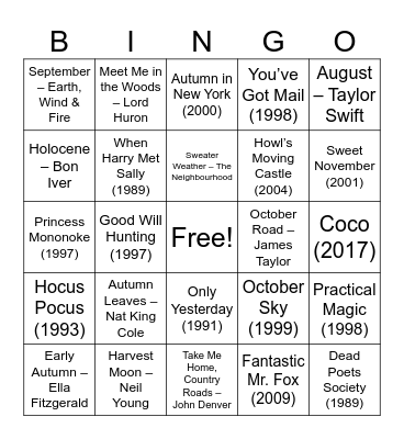 Fall Party Bingo Card