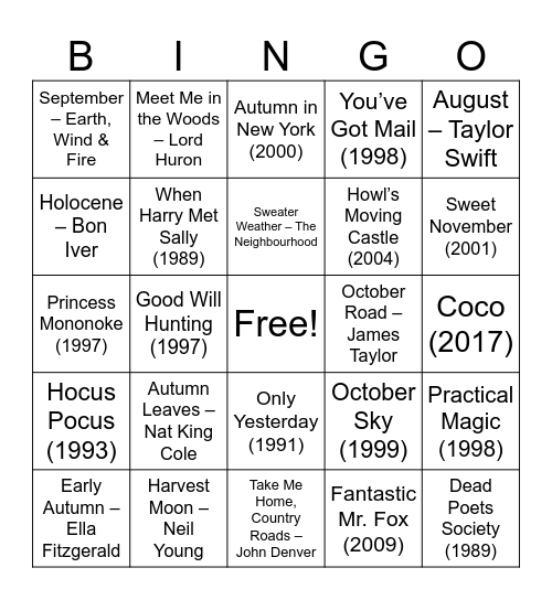Fall Party Bingo Card