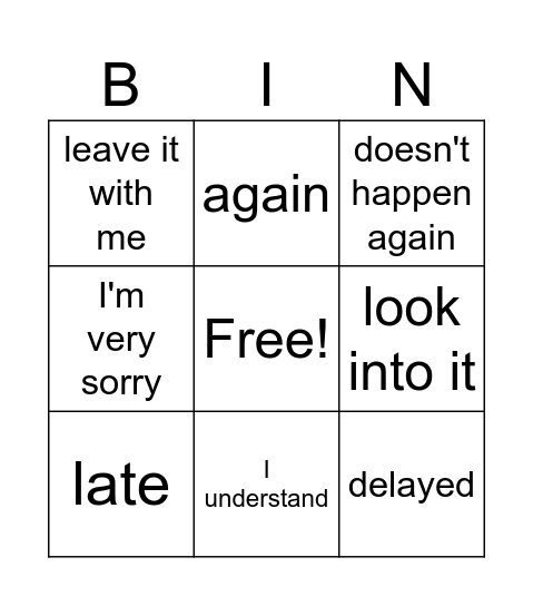 Complaining and apologizing Bingo Card