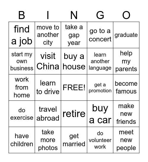 Future Plans Bingo Card