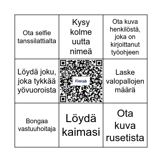 Kuvatehtävät jaetaan yhteiseen galleriaan keskiruudun QR-koodin kautta. Laita täytetty bingokortti arvontalaatikkoon viimeistään kello 22:00, jos haluat voittaa herkullisia palkintoja! Nimi: ___________________ Bingo Card