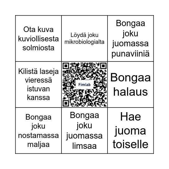Kuvatehtävät jaetaan yhteiseen galleriaan keskiruudun QR-koodin kautta. Kirjoita bingokorttiin nimesi ja laita täytetty kortti arvontalaatikkoon kello 22:00 mennessä, jos haluat voittaa herkullisia palkintoja! Bingo Card