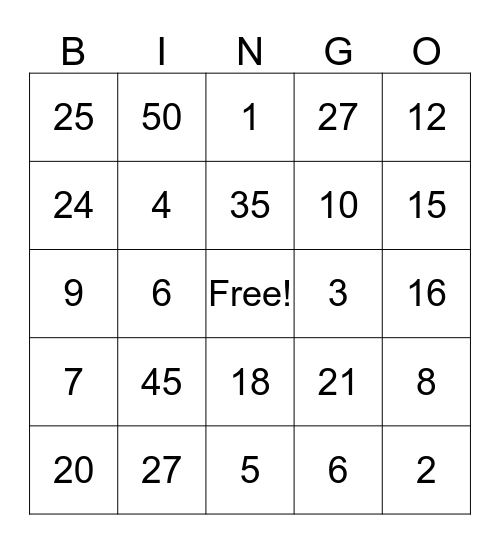 Multiplication Bingo Card