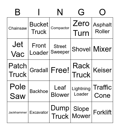 PW Equipment Bingo Card