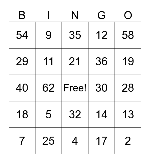 Les nombres 1-60 Bingo Card