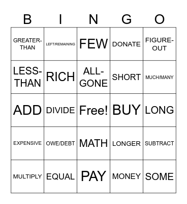 Math and Money Bingo Card