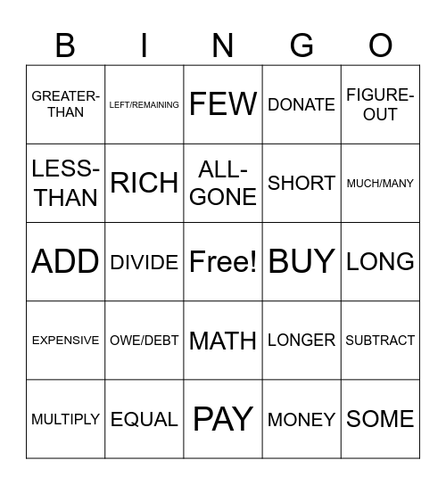 Math and Money Bingo Card