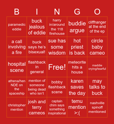 9x03, 9-1-1 Bingo Card