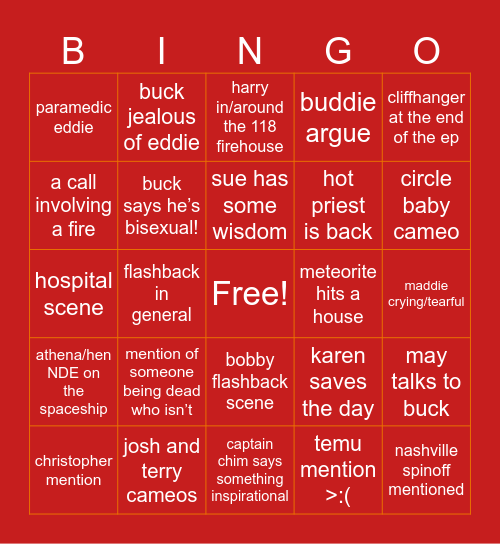 9x03, 9-1-1 Bingo Card