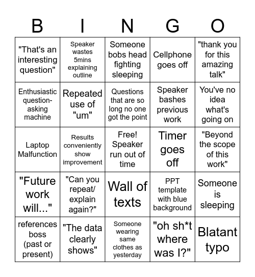 PhD Presentation Bingo Card