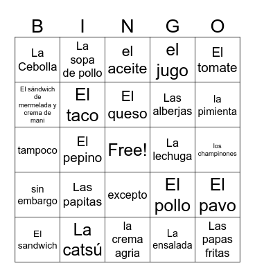 El almuerzo y condimentos Bingo Card