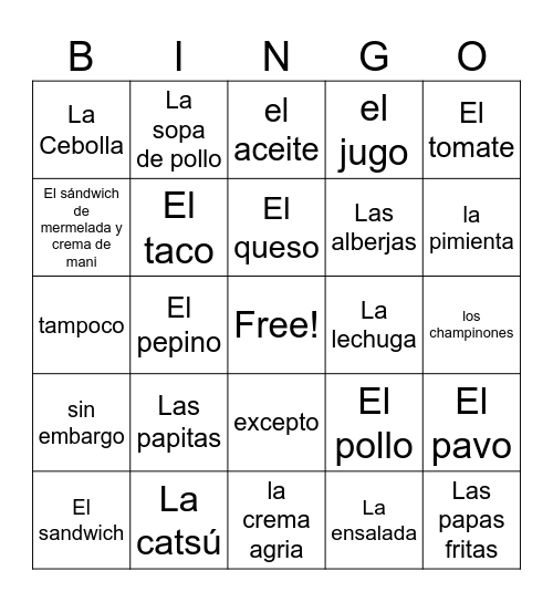 El almuerzo y condimentos Bingo Card