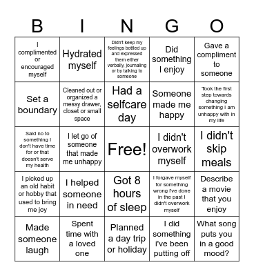 Mental Health Bingo Card