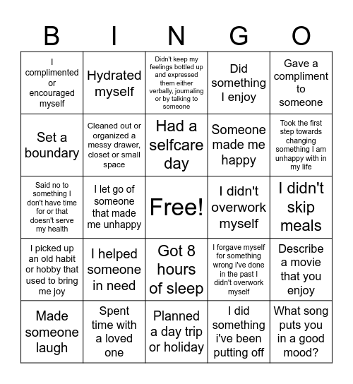 Mental Health Bingo Card