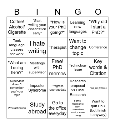 PhD Life Bingo Card