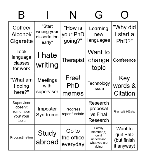 PhD Life Bingo Card