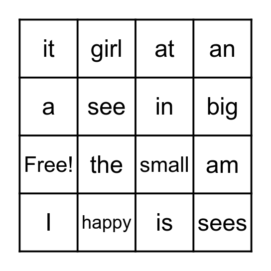 Sight Words Bingo Card