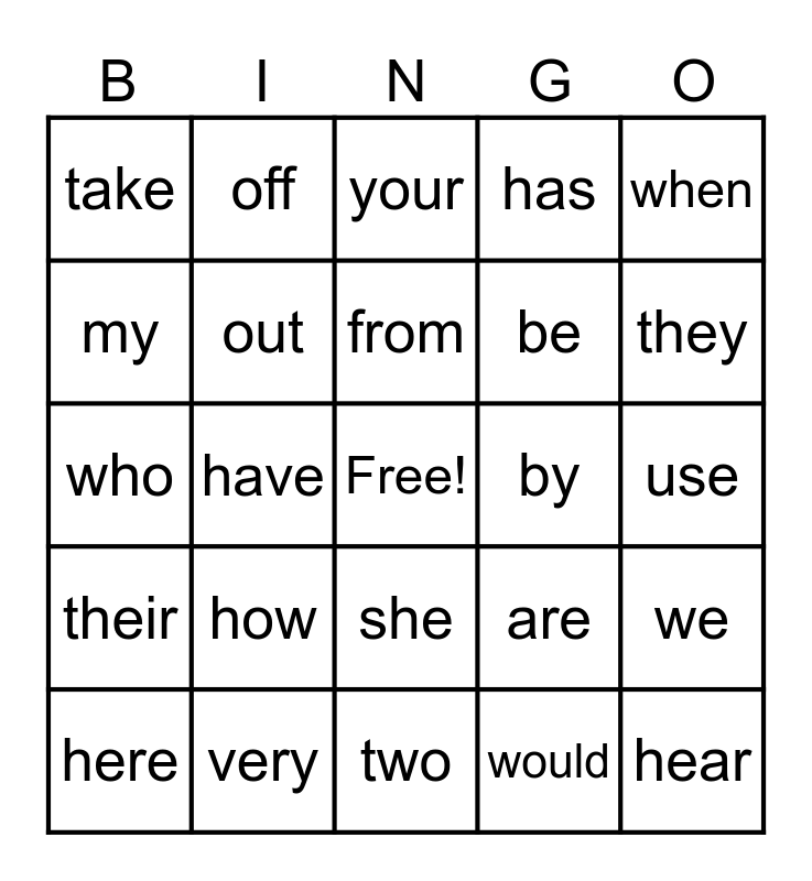 Red Words Stage 1A and 1B Bingo Card