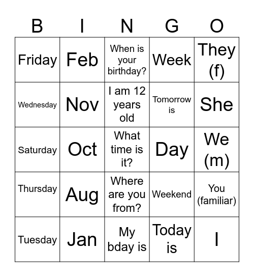 Numbers, Calendar, & Subject Pronouns Bingo Card