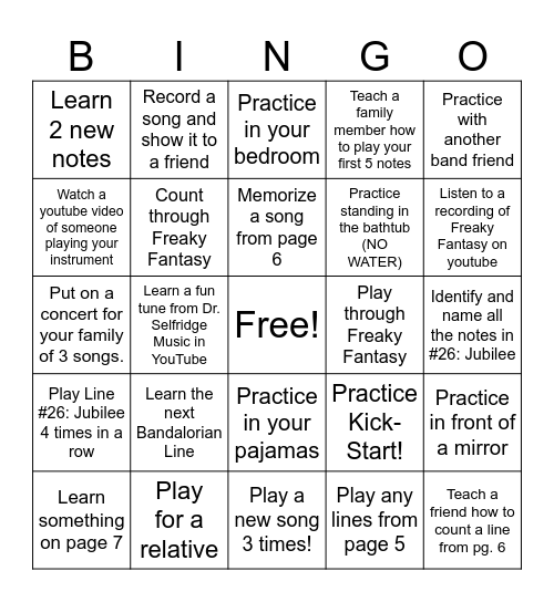 6th Grade Band Conference Bingo Card