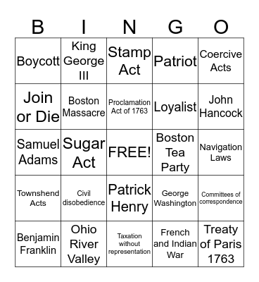 Causes of the American Revolution Bingo Card