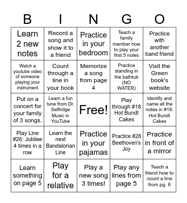5th Grade Band Conference Bingo Card