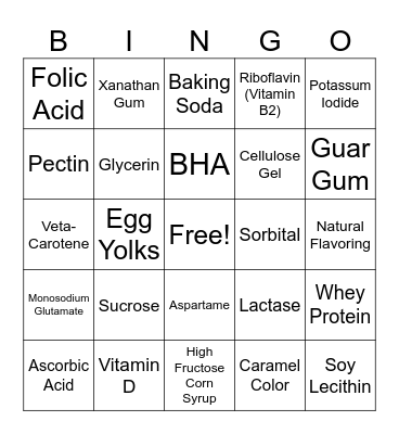 Professor Carlson's Nutrition Bingo Card