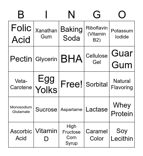 Professor Carlson's Nutrition Bingo Card