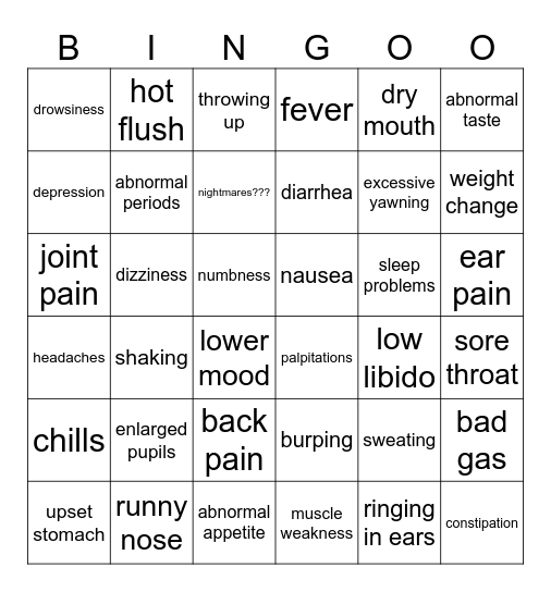 sertraline side effects!! Bingo Card