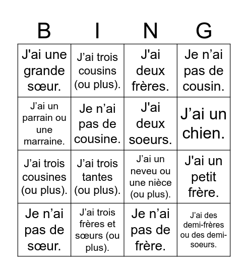 Le bingo des familles Bingo Card