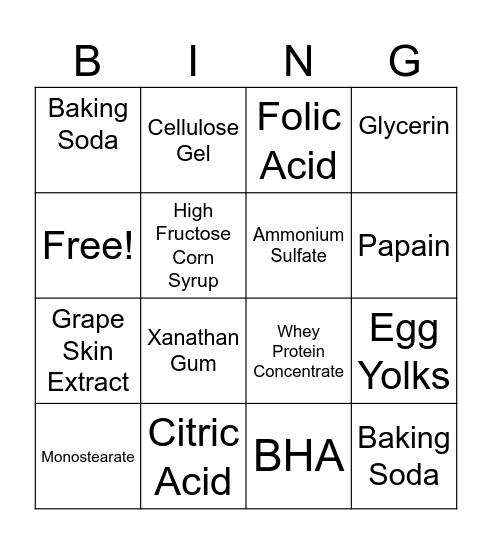 Professor Carlson's Nutritional Bingo Card
