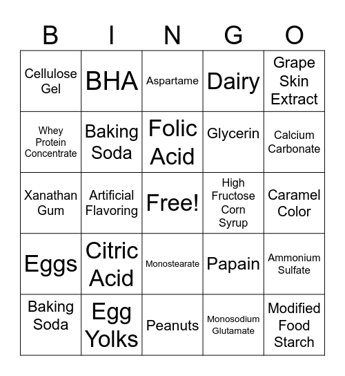 Professor Carlson's Nutritional Bingo Card