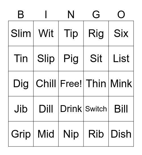 Short Vowel ‘i’ Bingo Card