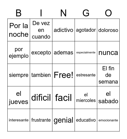 Los adjetivos de pasatiempos Bingo Card