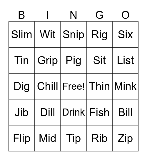 Short Vowel ‘i’ Bingo Card