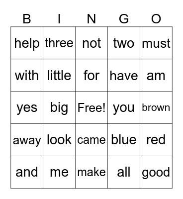 Sight Words Bingo Card