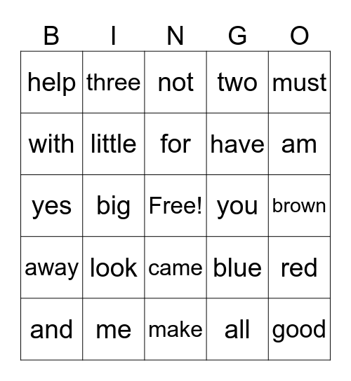 Sight Words Bingo Card