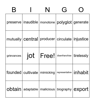 Vocabulary Bingo Card