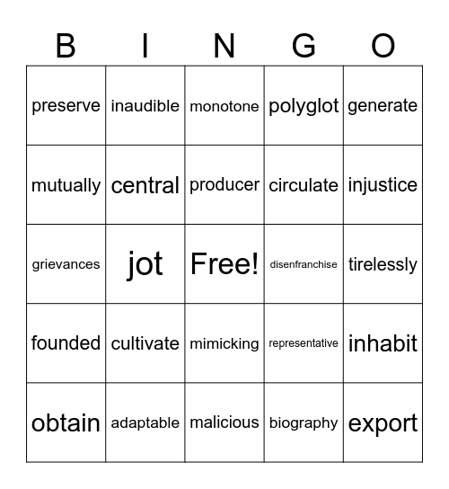 Vocabulary Bingo Card