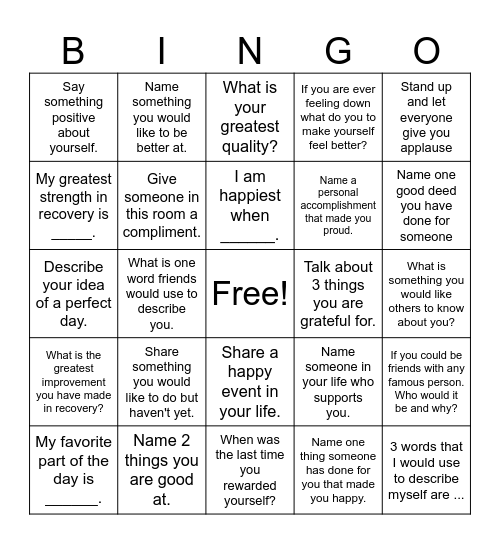 Self-Esteem Bingo! Bingo Card