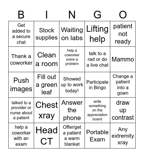 Rad Tech Bingo Card