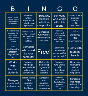 Student Life Up-Close Bingo Card
