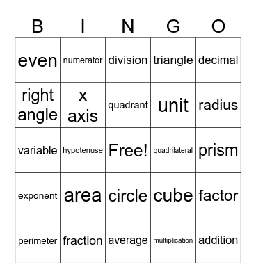 Math Vocabulary Bingo Card