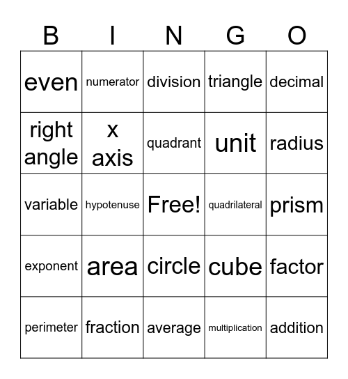 Math Vocabulary Bingo Card