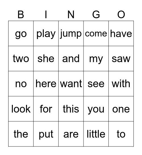 High Frequency Words Bingo Card