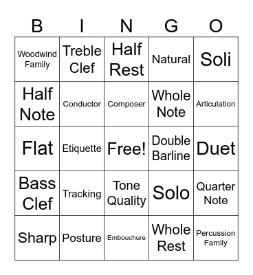 6th Grade Band BINGO Card