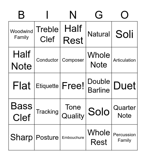 6th Grade Band BINGO Card